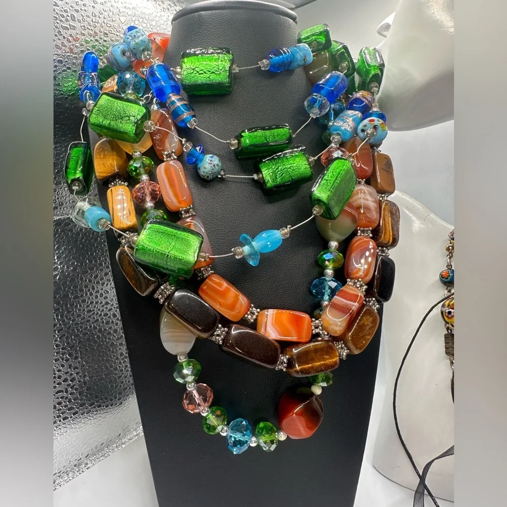 Festival Art Glass Bead Necklace Lot 7pc Boho Summer Colorful Statement Bundle - Picture 5 of 8